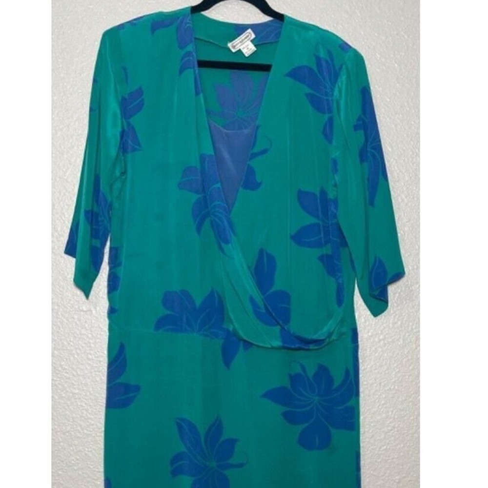 VTG Lauren Alexandra Silk Wrap Dress Women's 16 Blue Green Floral Front Stains